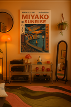 Miyako Sunrise Art Exhibition poster depicting a seaside village under a rising sun