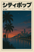 A retro cityscape at dusk with palm trees in the foreground