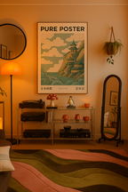 Japanese landscape poster with traditional architecture and swirling clouds