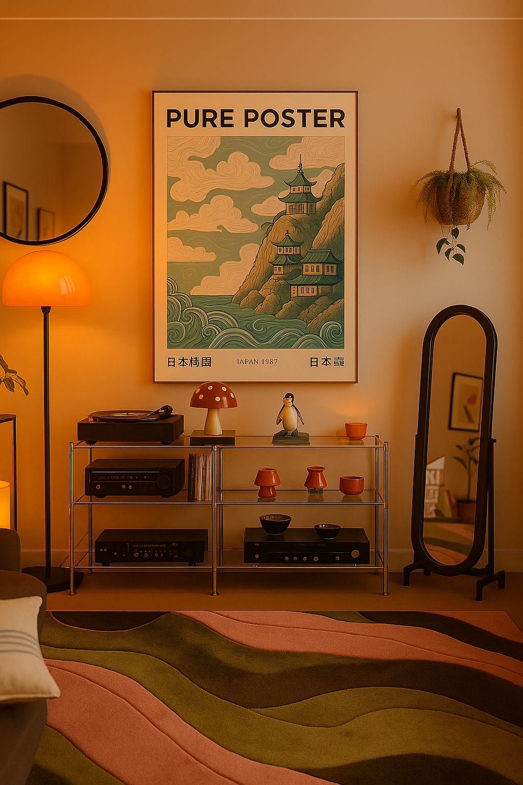 Japanese landscape poster with traditional architecture and swirling clouds