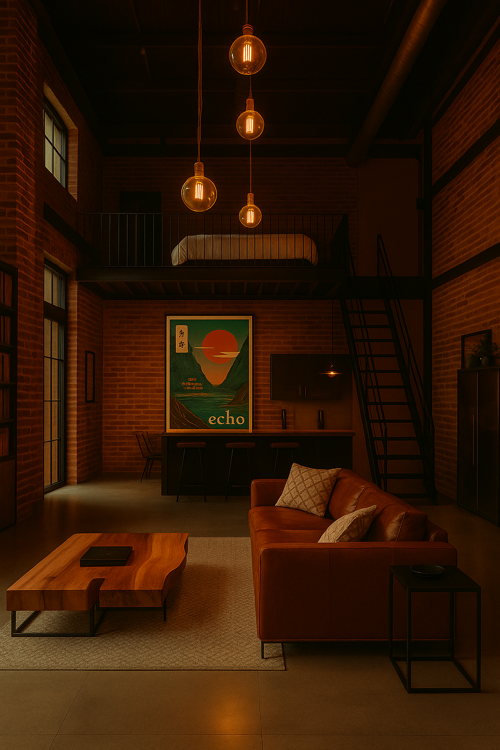 Poster with a sunset over a tranquil village and mountains