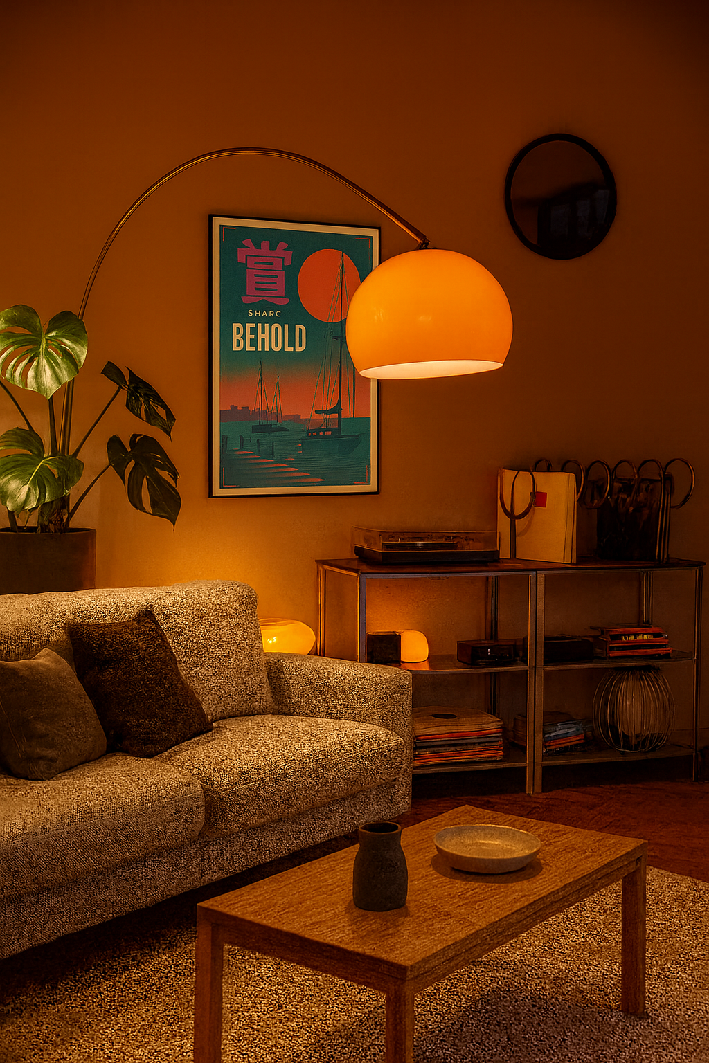 Poster featuring silhouetted sailboats under a vibrant orange sunset