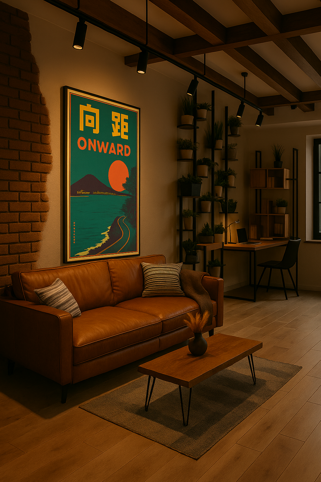 Onward travel poster depicting a coastal road with a red sun and city in the background