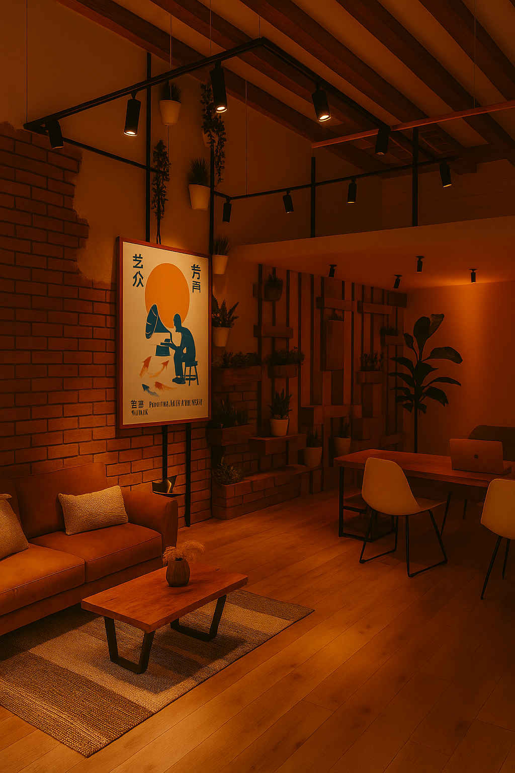 Poster featuring a man with a gramophone under an orange sun surrounded by koi fish.