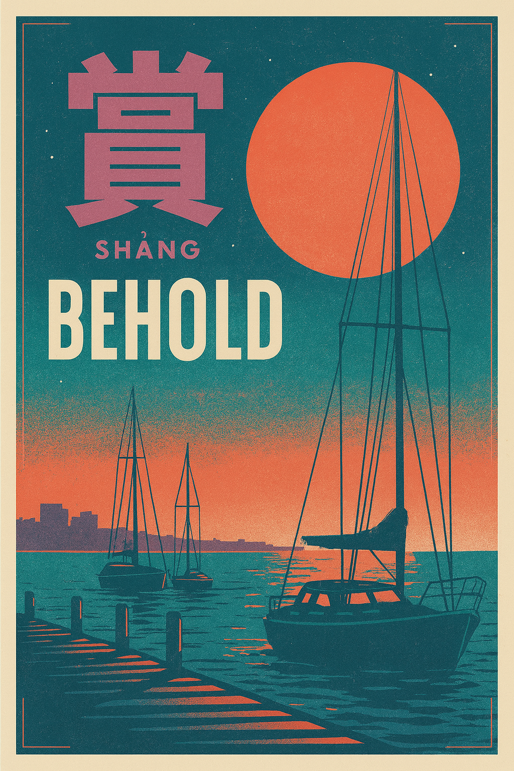 Poster of sailboats against an orange sunset with Chinese character and the word 'Behold'