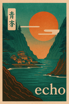 Poster with a sunset over a tranquil village and mountains