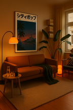 A retro cityscape at dusk with palm trees in the foreground