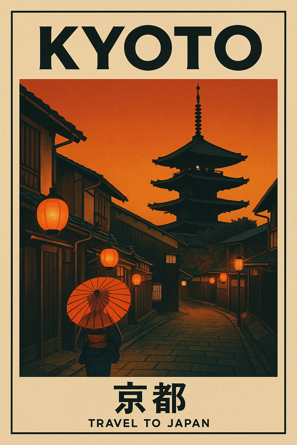 Kyoto travel poster featuring a traditional pagoda and lantern-lit street.