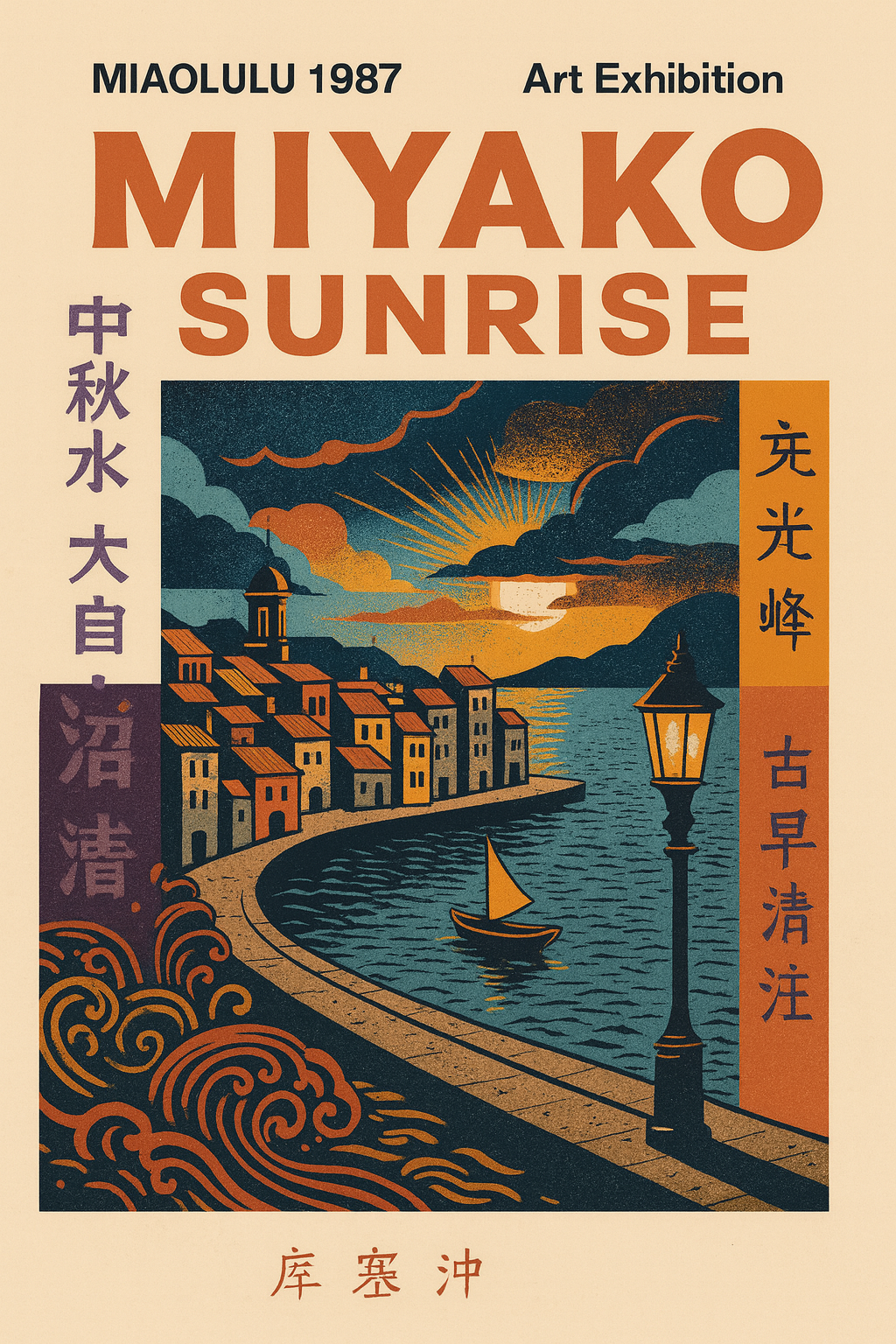 Miyako Sunrise Art Exhibition poster depicting a seaside village under a rising sun