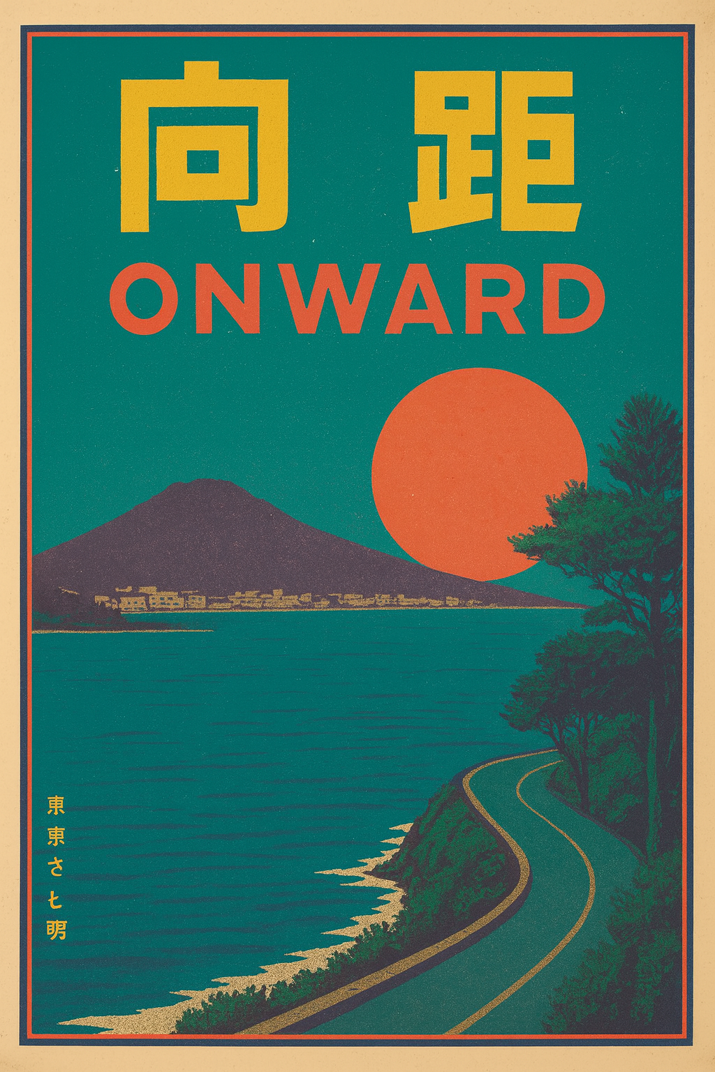 Onward travel poster depicting a coastal road with a red sun and city in the background