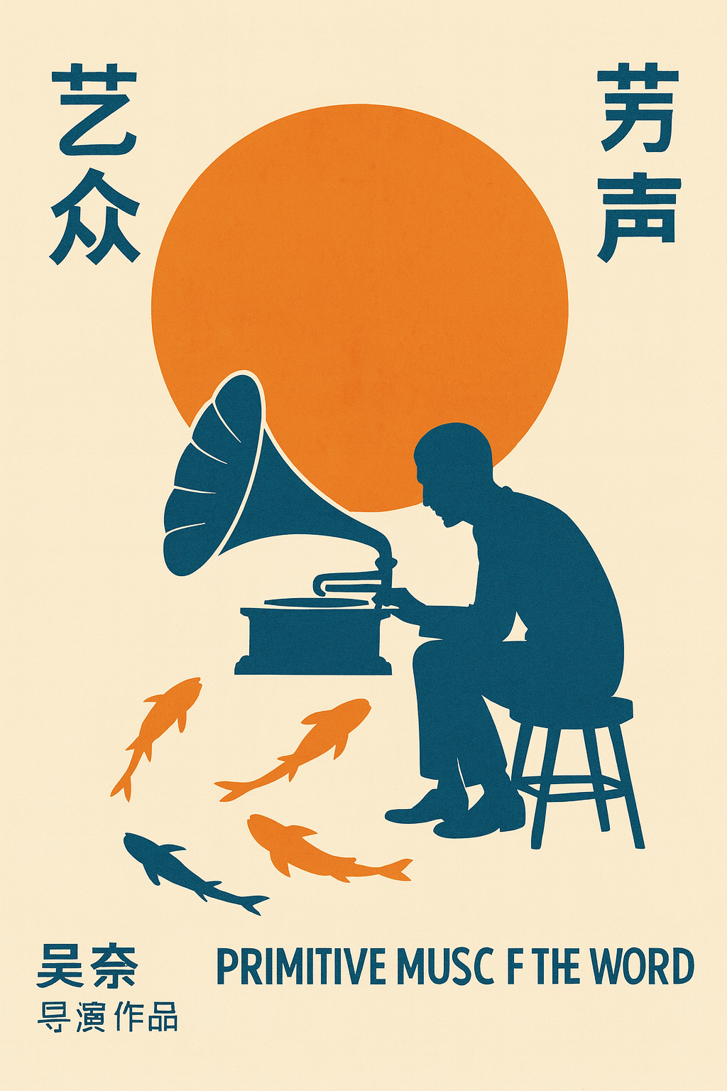 Poster featuring a man with a gramophone under an orange sun surrounded by koi fish.