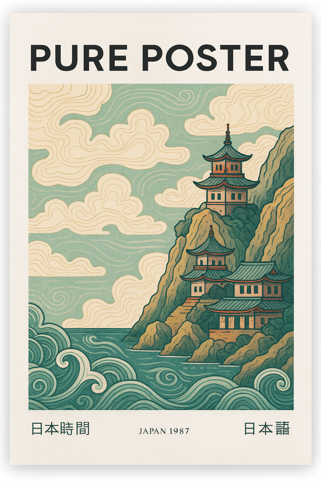 Poster of Japanese temples on a cliff with clouds and ocean waves