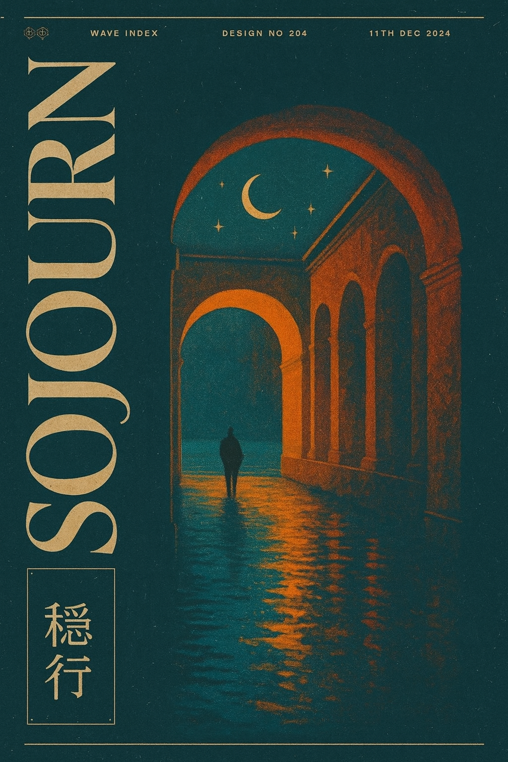 Poster showing a figure walking through arches under a starry sky with a crescent moon