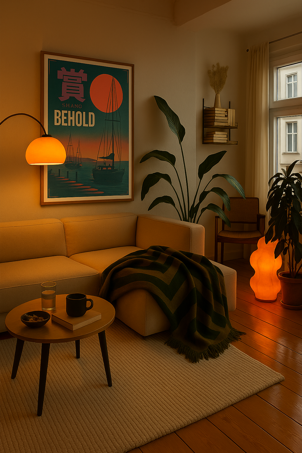 Poster featuring silhouetted sailboats under a vibrant orange sunset