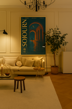 Poster of a figure walking beneath crescent moons and arches