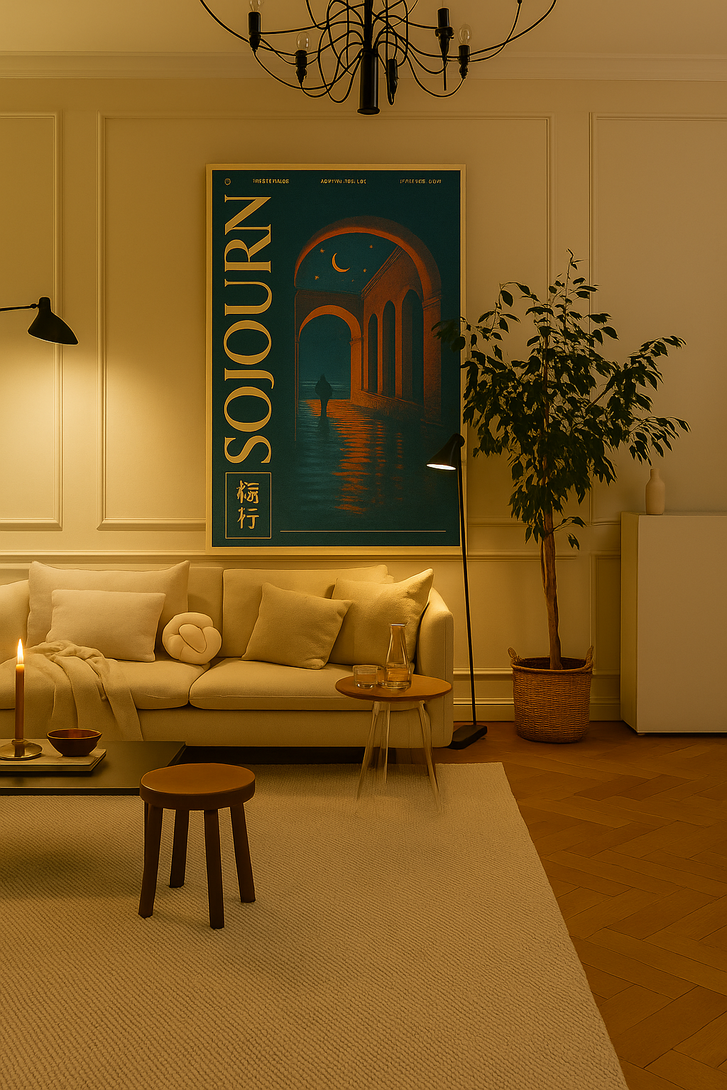 Poster of a figure walking beneath crescent moons and arches